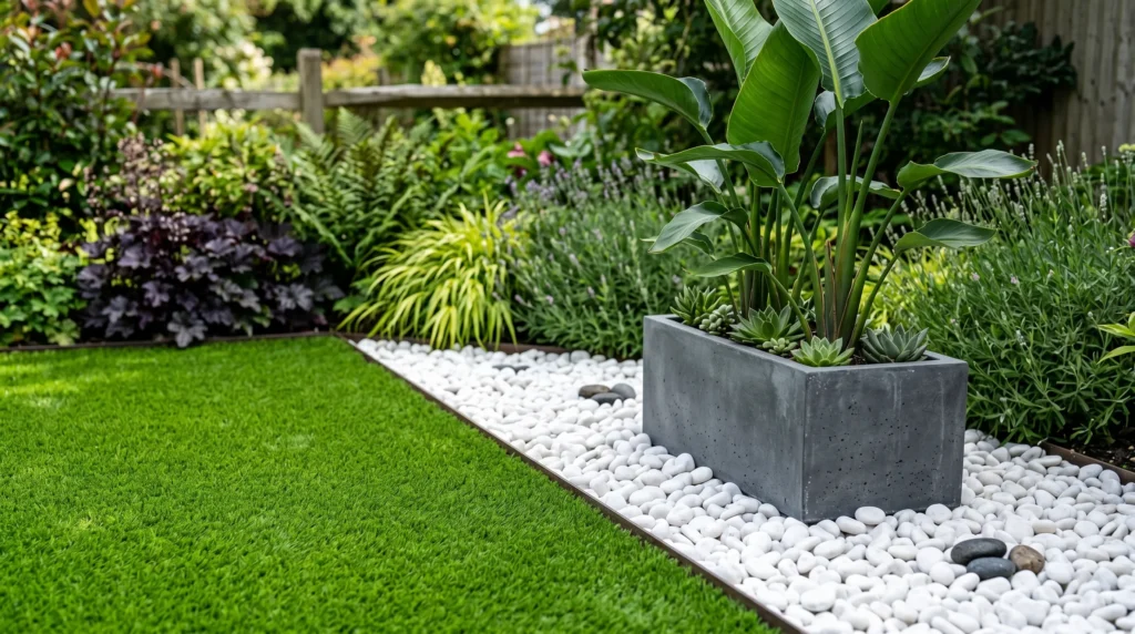 Decorative white pebble stones and green artificial grass used for low-maintenance balcony and courtyard landscaping.
