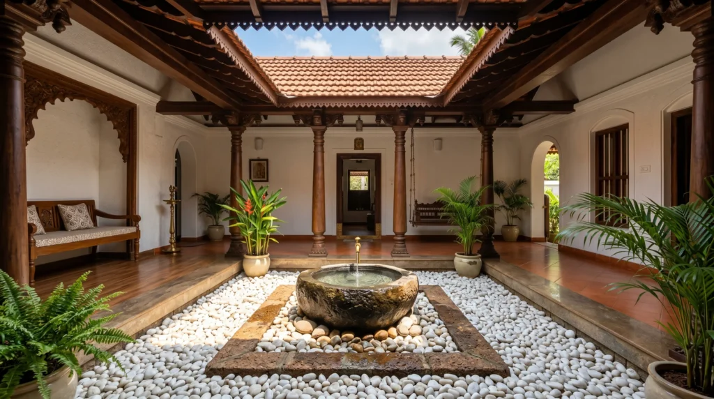 Traditional Kerala indoor courtyard (Nadumuttam) design using decorative white pebbles and natural stones.