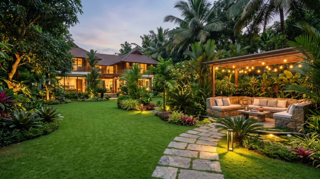Complete residential landscaping design and garden execution by Stone N Rocks Thrissur.