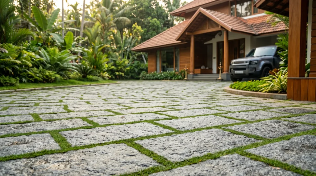 Heavy-duty natural paving stones installed on a modern home driveway in Thrissur, Kerala