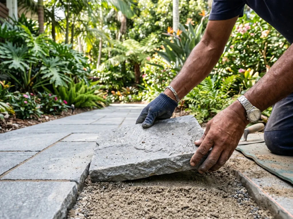 Expert masons from Stone N Rocks installing natural paving stones for a landscaping project in Kerala.