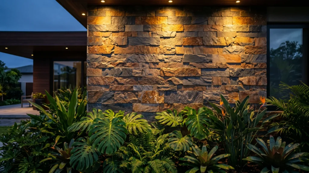 Premium natural wall cladding stones applied to an exterior house elevation for weather protection.
