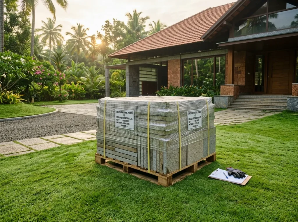 Customers selecting premium natural wall cladding and paving stones at the Mannuthy, Thrissur display yard.