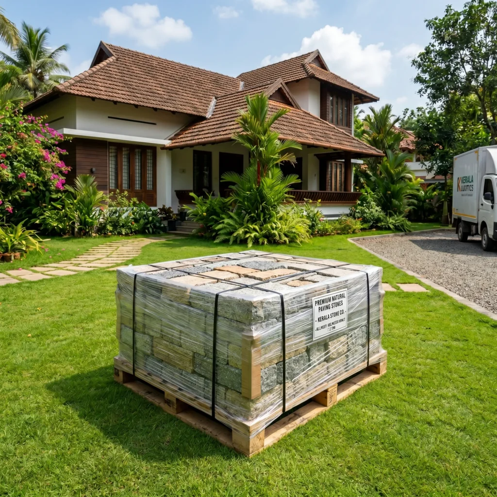 Safe and fast delivery of heavy natural stones to sites across Thrissur, Ernakulam, and Palakkad.