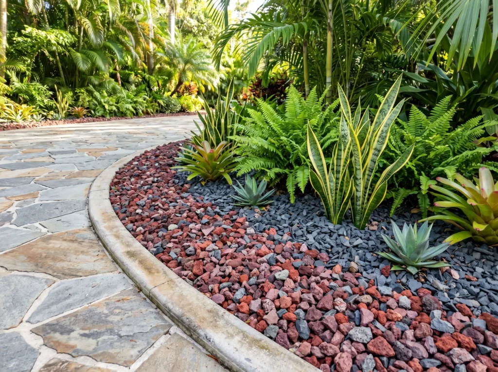 a photorealistic close up of a 202605222335 Close-up of premium red and dark gray Napa stone chips used as a weed-free landscaping border next to a paved driveway in Kerala.