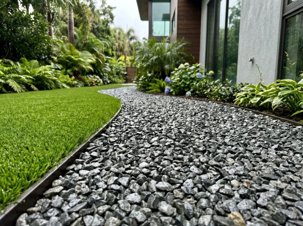 a pristine garden pathway made 202605222341 Clean, puddle-free crushed stone gravel pathway bordered by artificial grass after heavy monsoon rain, showing zero water-logging.