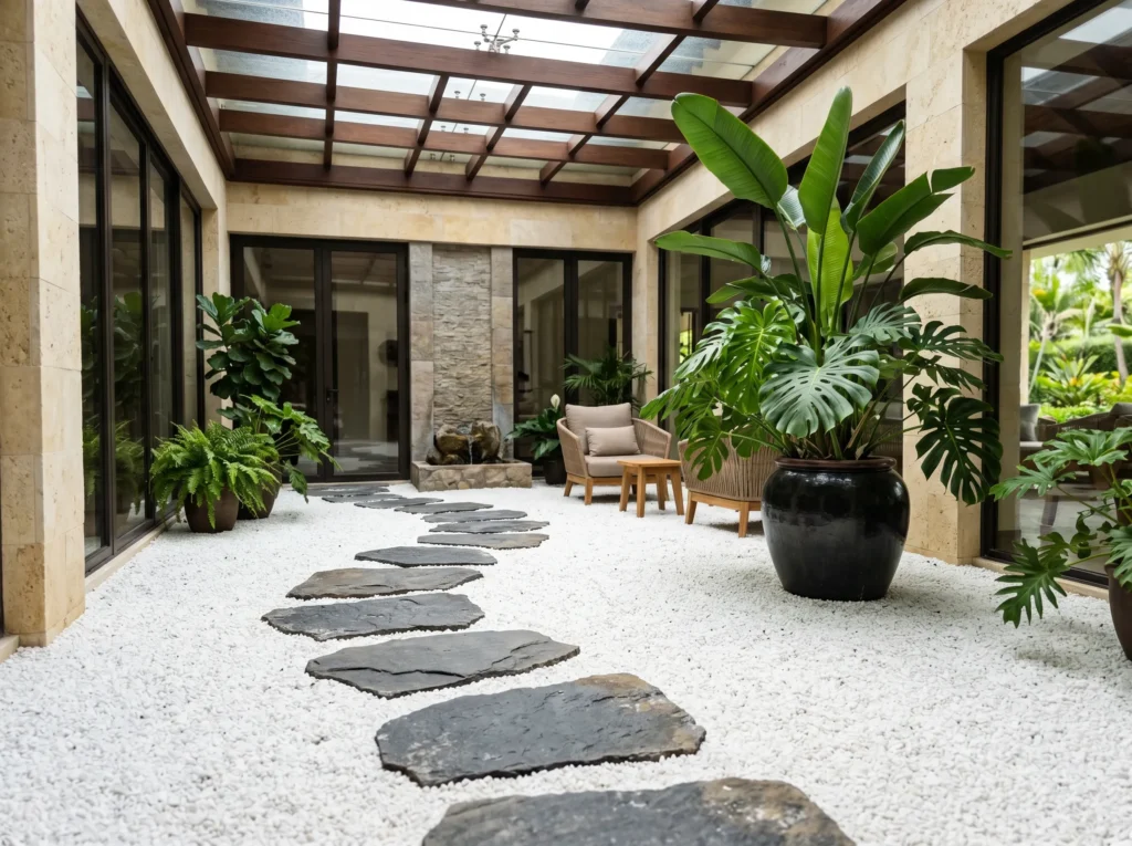 a serene and luxurious indoor 202605222338 (1) Bright white decorative landscaping gravel surrounding dark natural stepping stones in a modern indoor courtyard design.