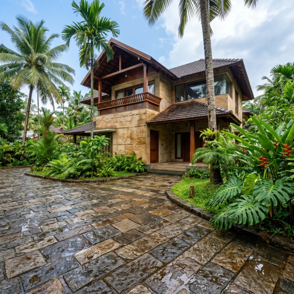 Premium wet natural stone driveway installed at a luxury traditional Kerala home surrounded by tropical landscaping