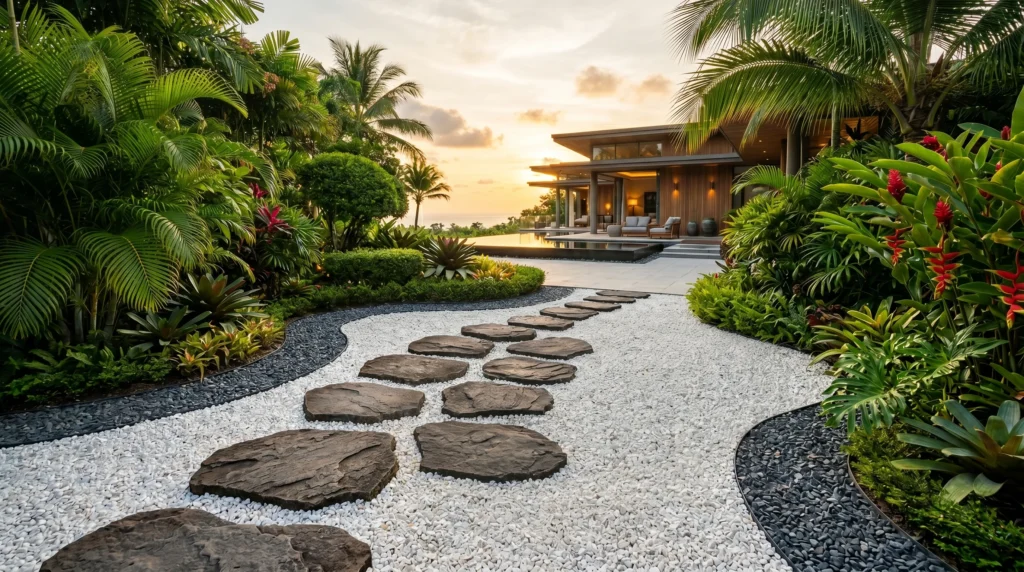 Luxurious tropical landscaping exterior featuring white and gray decorative stone chips, natural stepping stones, and green garden plants.