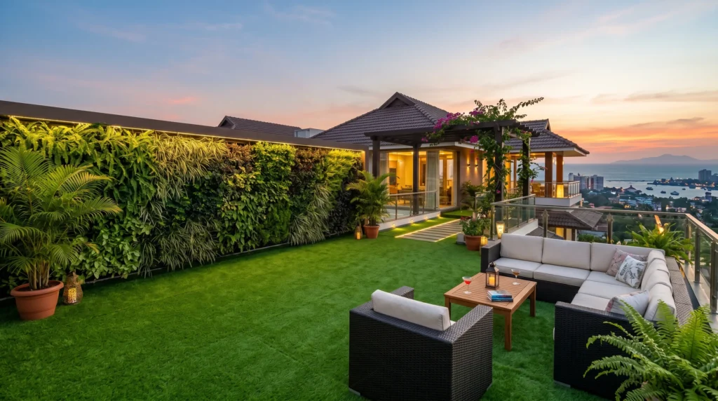 Premium artificial grass and vertical garden installation on a rooftop in Thrissur, Kerala.