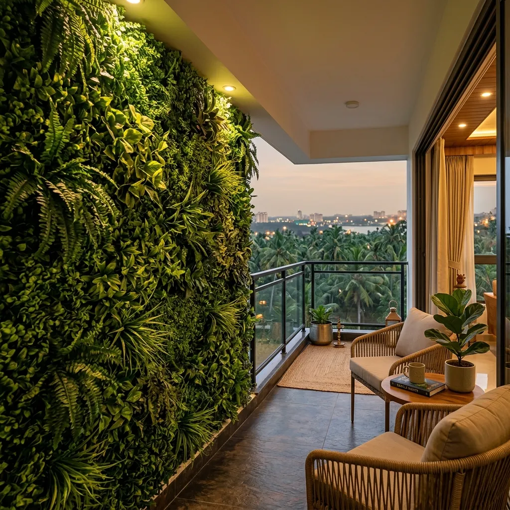 Interlocking synthetic vertical garden panels installed as a privacy screen on a balcony.