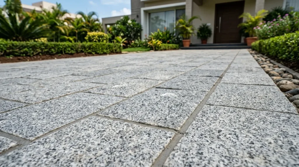 Light grey Bangalore Sadarahalli granite paving stones used for heavy-duty residential driveways