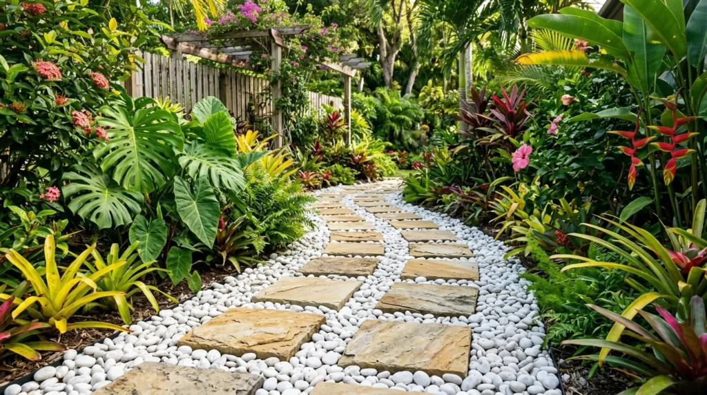 Yellow and grey Tandoor rough stone used as stepping stones surrounded by decorative pebbles