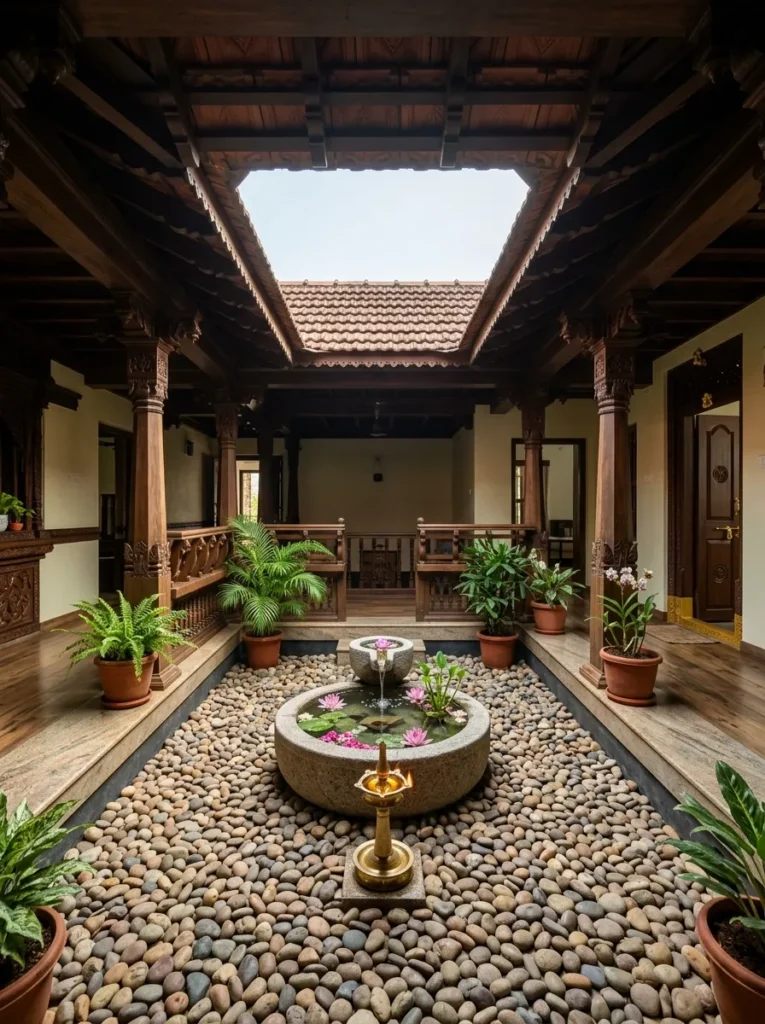 Traditional Kerala Nadumuttam courtyard beautifully decorated with natural river stones.
