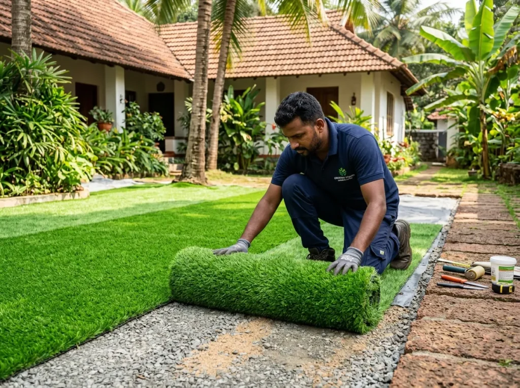 Expert installation of artificial grass with proper drainage systems by Stone N Rocks in Ernakulam.