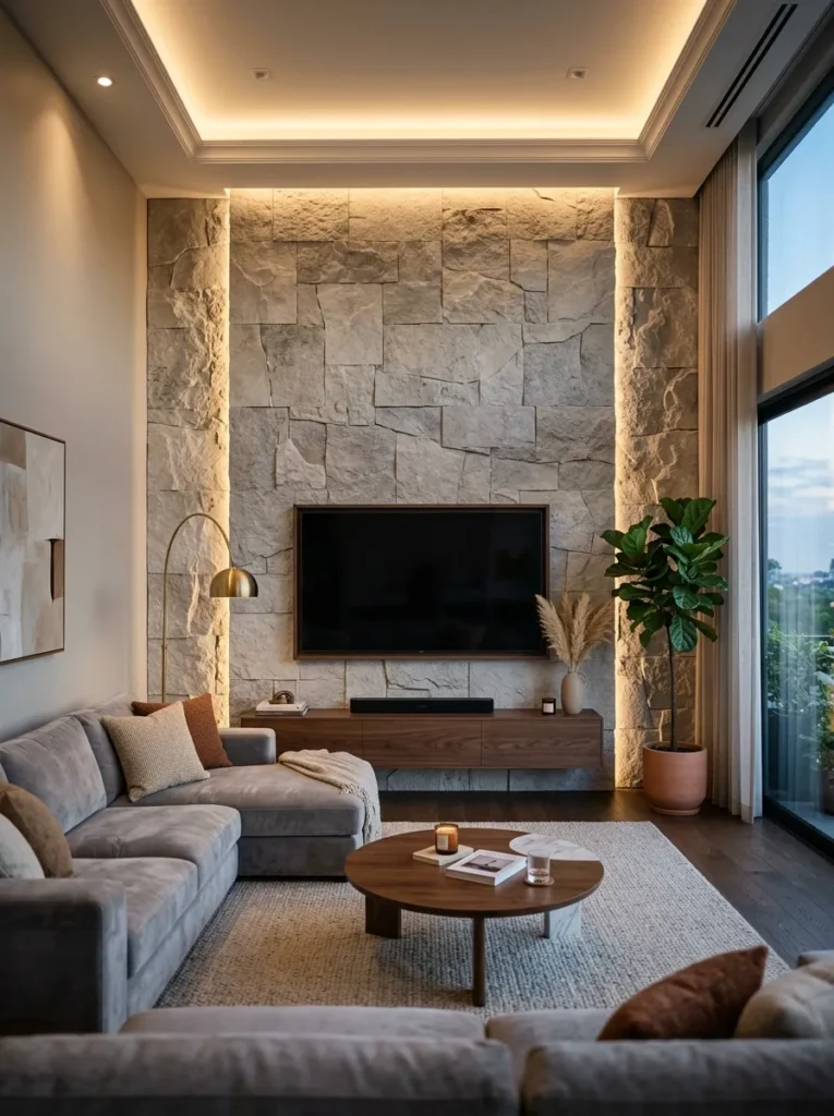Seamless interlocking natural stone panels installed as a modern TV unit backdrop.