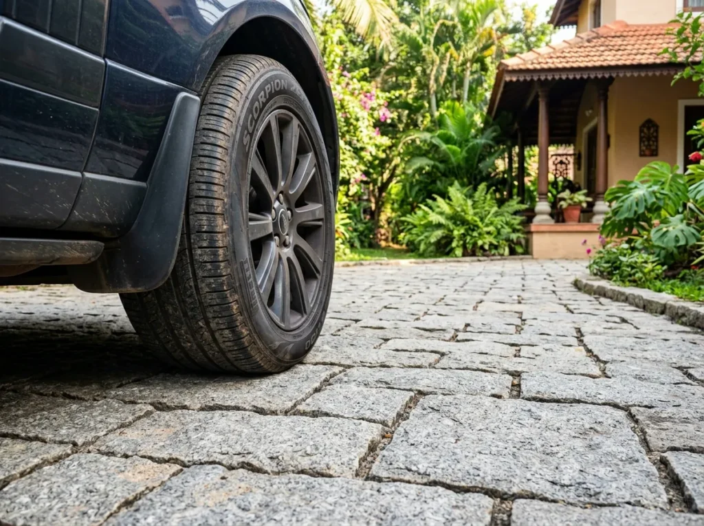 Heavy SUV parked on a durable Bangalore stone driveway demonstrating high load capacity