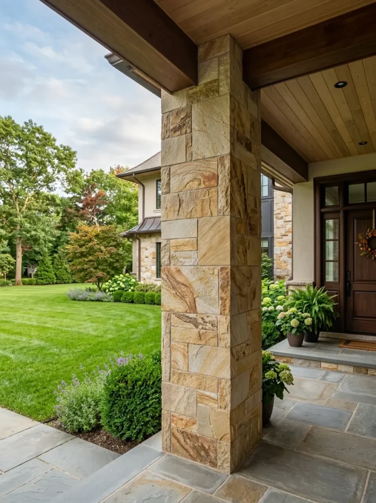 Warm sandstone and quartzite stone panels for luxury home front elevations and pillars.