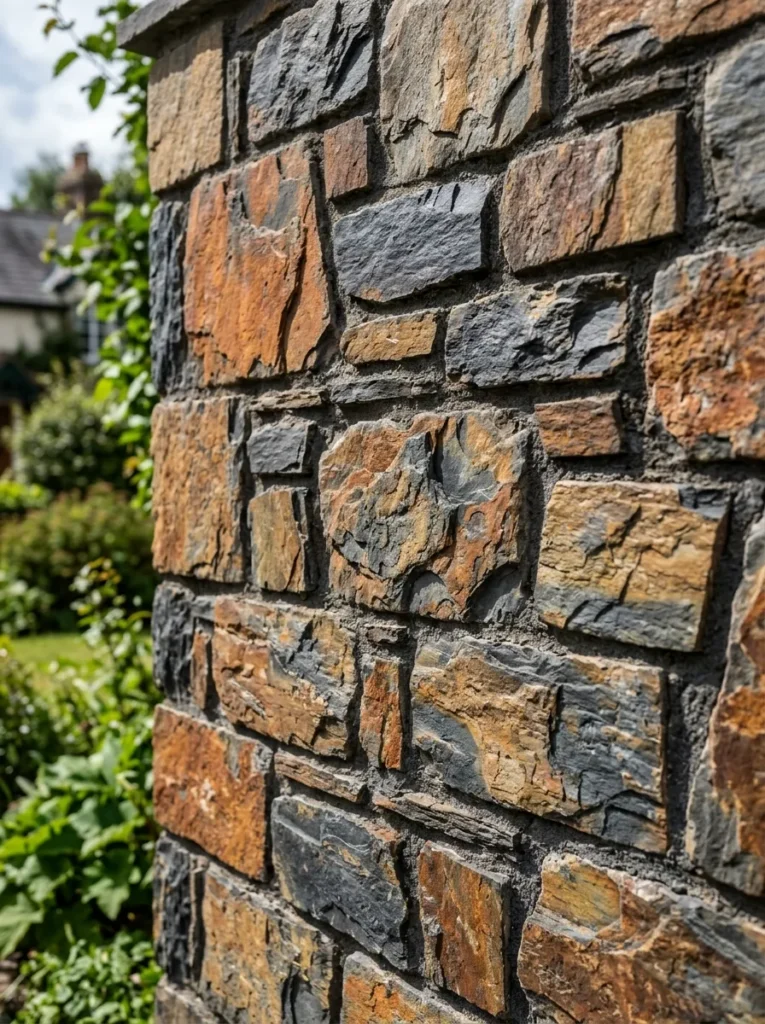 Natural slate cladding stone used for compound walls and rugged exterior facades.