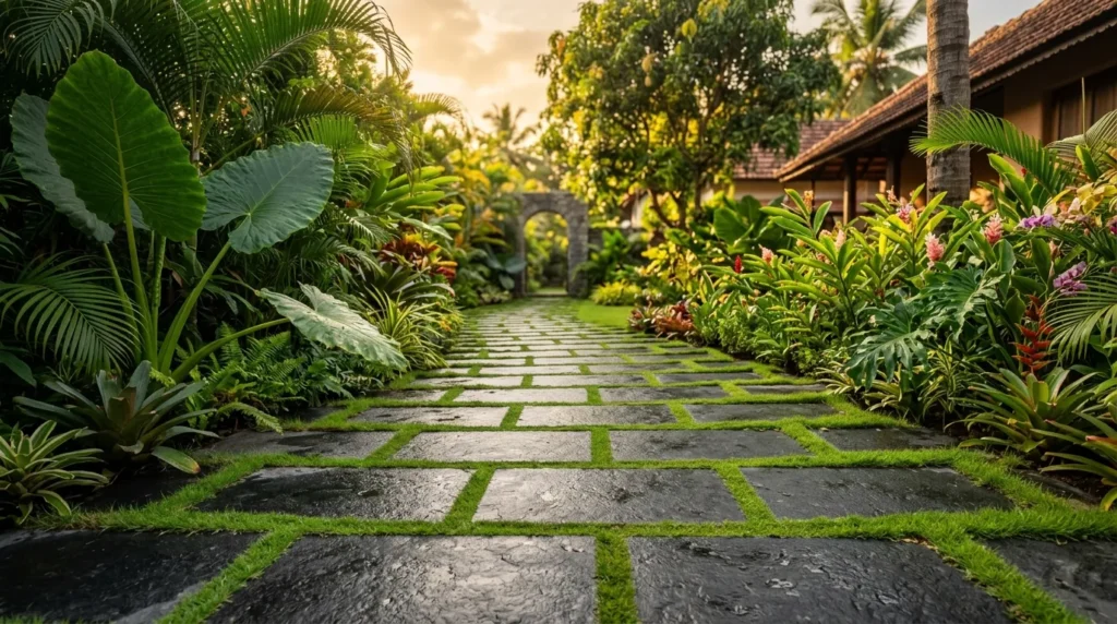 Sleek dark Kadappa Black limestone paving stones installed on a modern outdoor garden walkway
