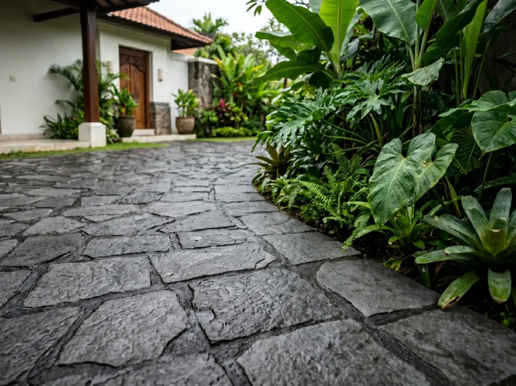 Wet but puddle-free natural stone driveway proving the anti-slip and excellent drainage properties of paving stones.
