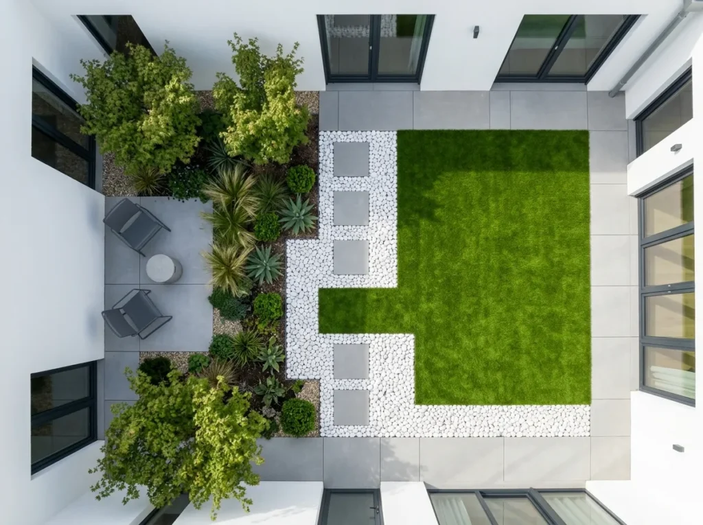 Low-maintenance courtyard design combining bright white river pebbles with vibrant green artificial grass.