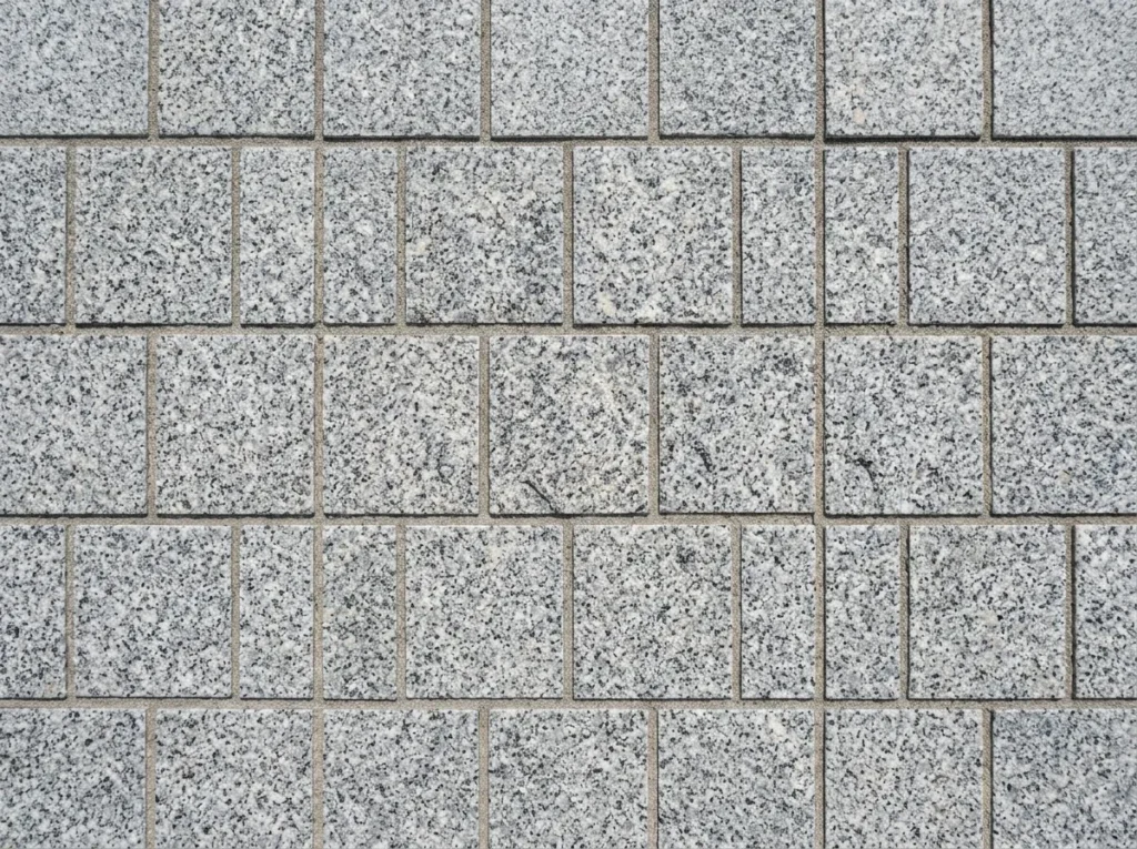  Close-up of rough-finished, light-grey speckled Bangalore Sadarahalli stone paving blocks.