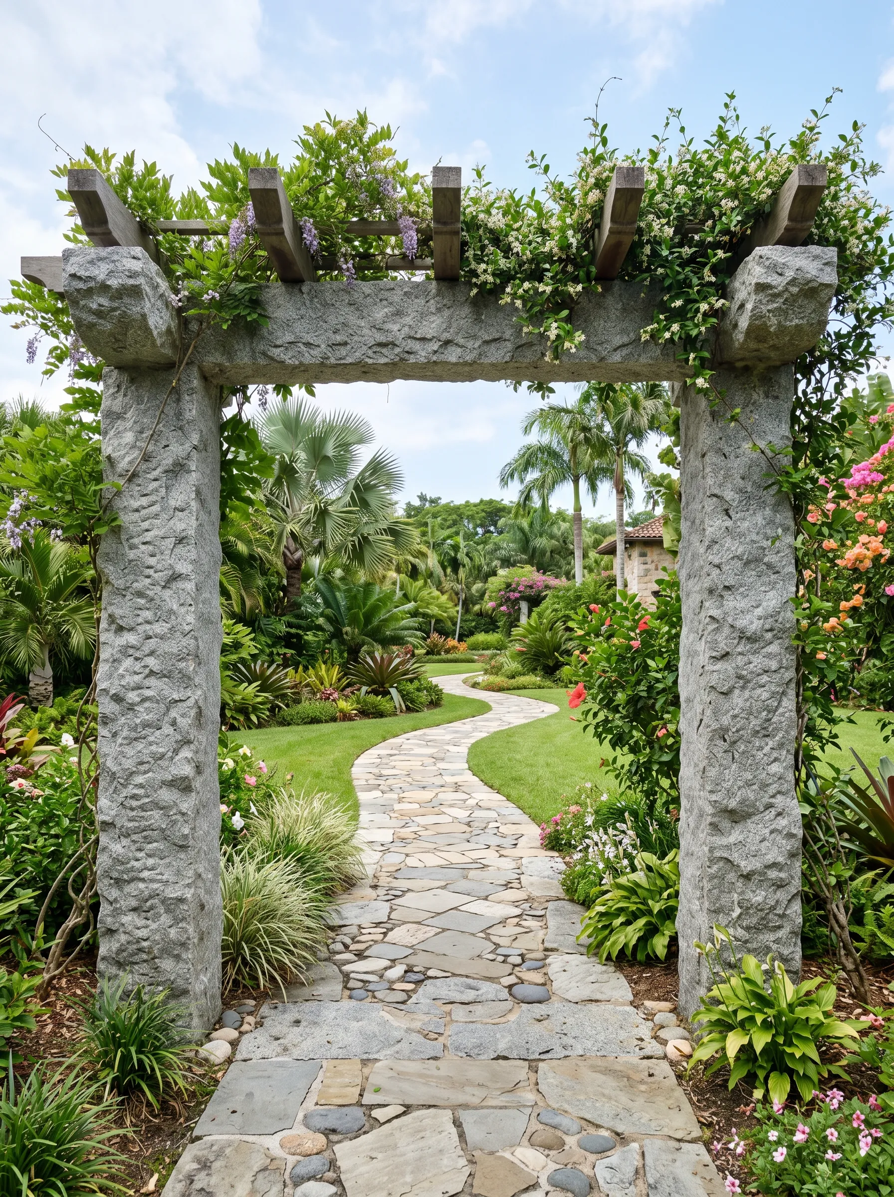 Granite Garden Swing and Stone Pergola Setup