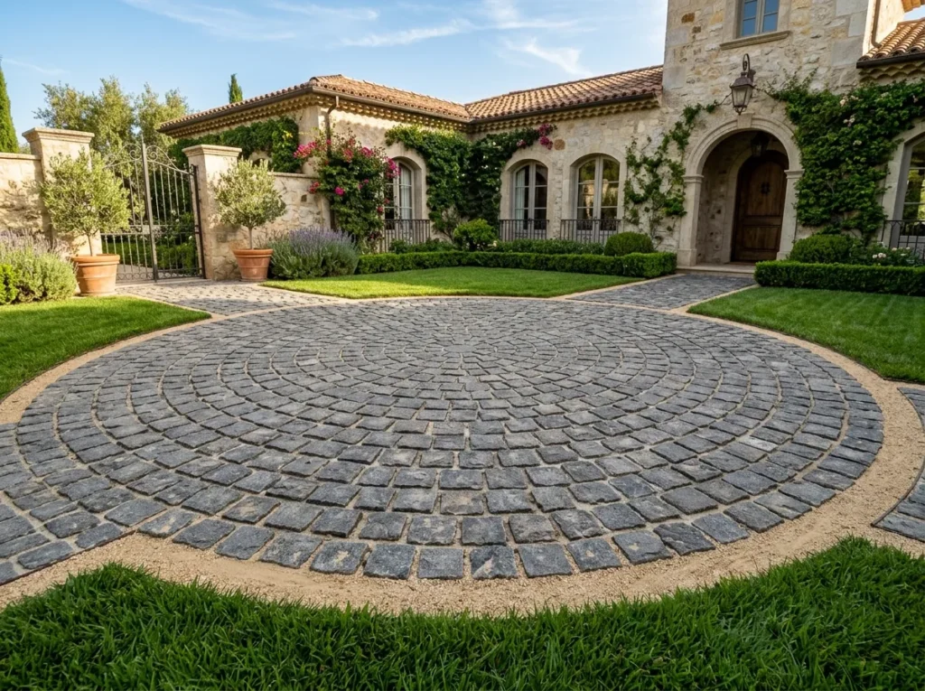  Grey granite cobblestones arranged in a premium circular driveway paving pattern.