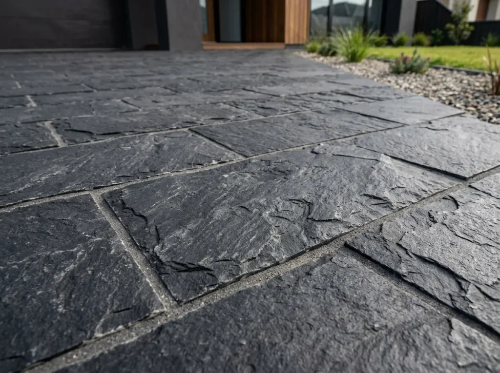 Matte black natural Kadappa stone slabs laid in a modern, heavy-load driveway layout.