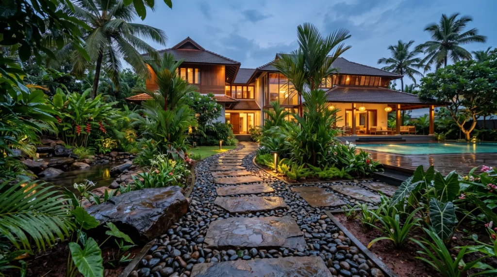Modern Kerala villa pathway designed with durable natural stone stepping stones and dark landscaping pebbles.