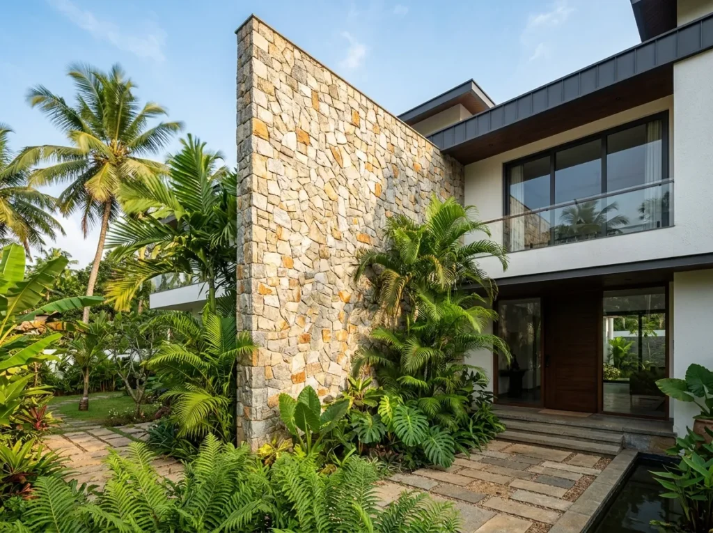 Textured natural stone wall cladding installed on a modern villa exterior elevation to prevent monsoon moisture and fungus.