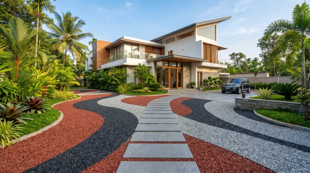 Premium modern courtyard landscaping in Kerala designed with contrasting red, gray, and black Napa stone chips and natural stepping stones.