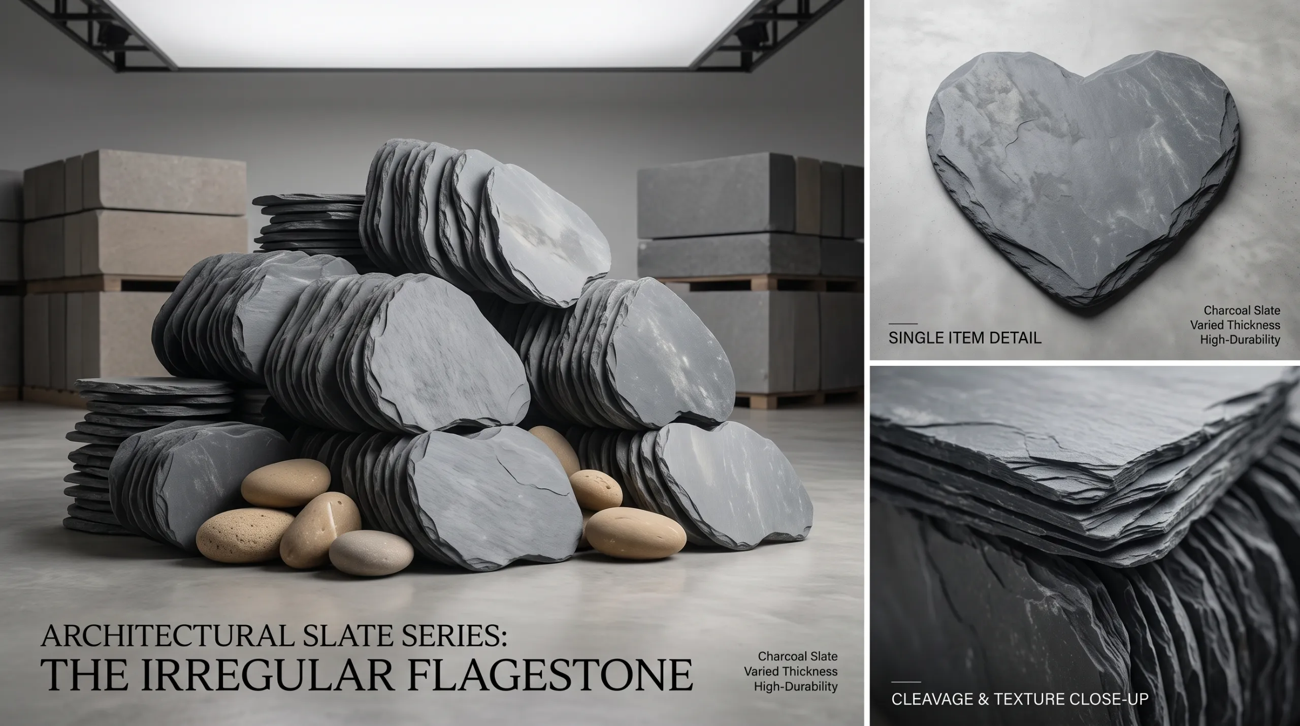 Infographic presentation of charcoal slate heart-shaped flagstones highlighting edge textures and single item detail