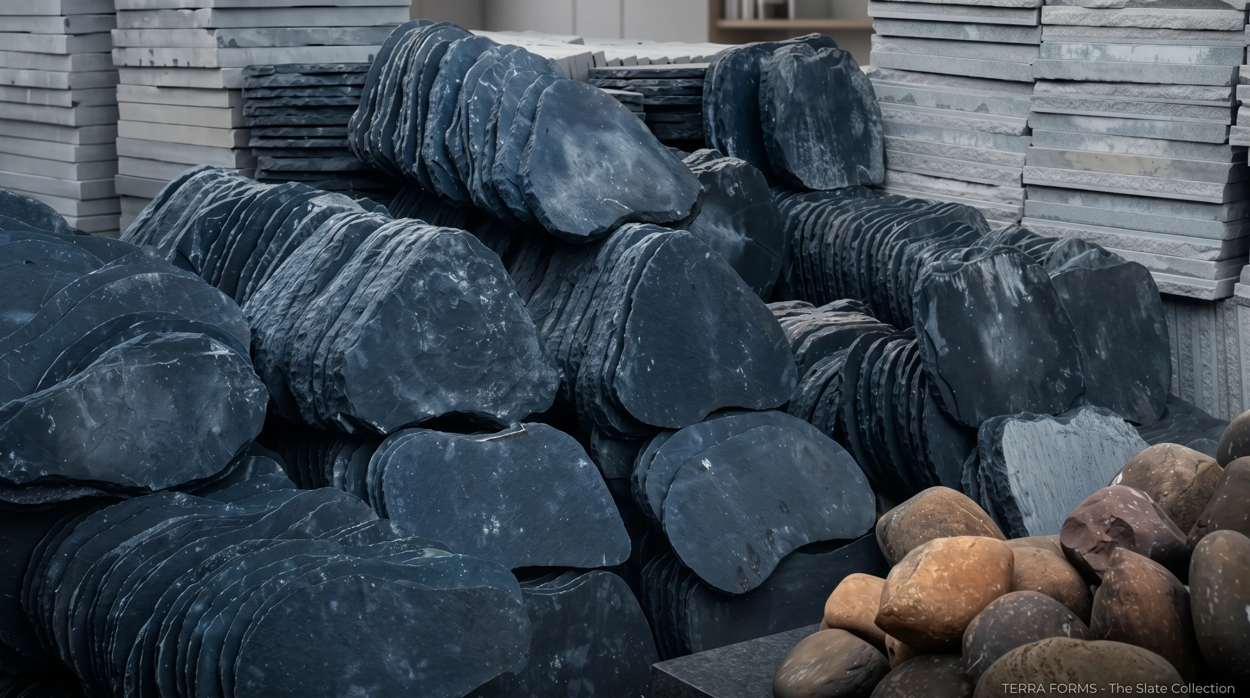 Neatly stacked heart-shaped black Kadappa limestone stepping stones beside natural river stones in a wholesale supply yard