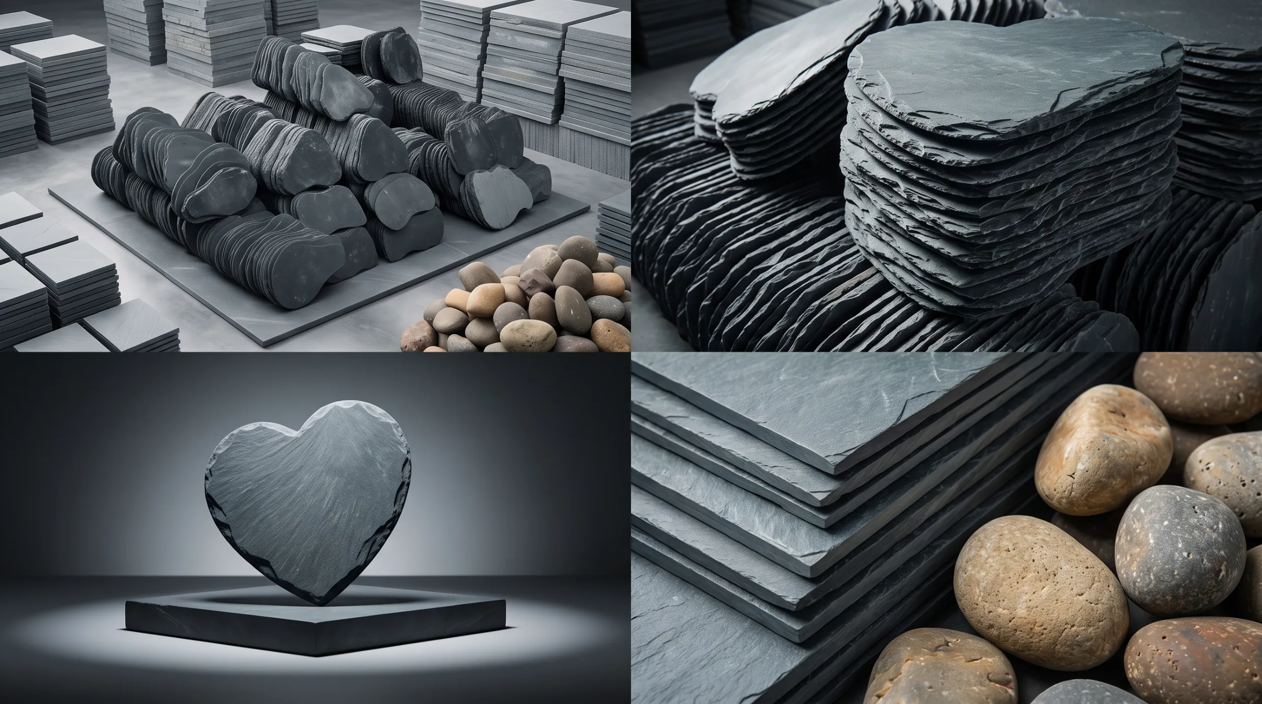 Four-part grid displaying stacks of heart-shaped black slate stepping stones and river stones
